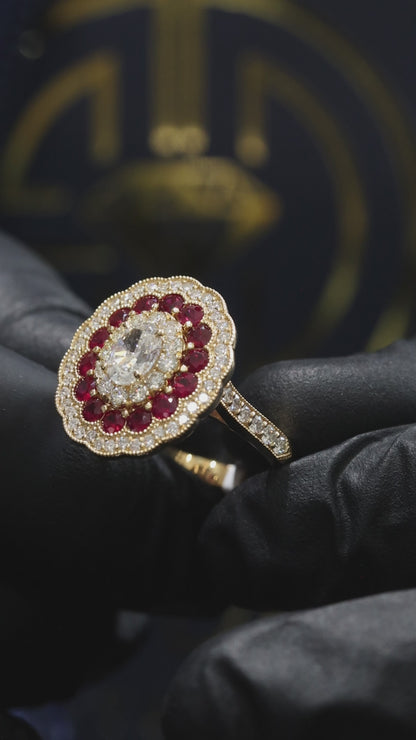 Regal Ruby & Diamond Rosette Ring in Yellow Gold | Vintage Floral Halo with Oval Diamond Center
