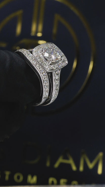Natural Diamond Cushion Halo Engagement Ring with Split Shank in White Gold | Luxury Bridal Set Design