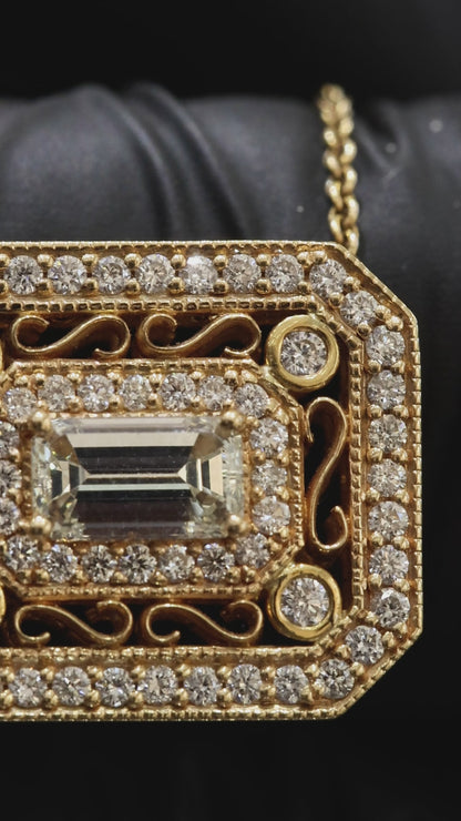 Natural Diamond Emerald-Cut Filigree Pendant Necklace in Yellow Gold | Vintage Luxury Design