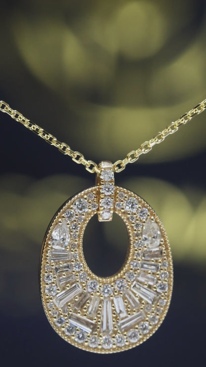 Natural Diamond Open Oval Pendant Necklace in Yellow Gold | Baguette Halo Design