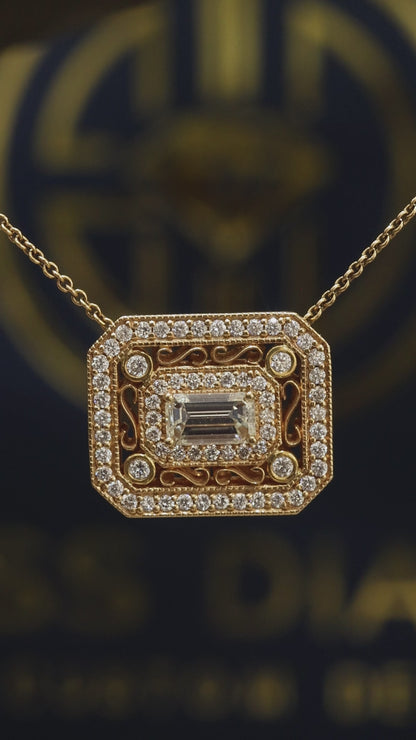 Natural Diamond Emerald-Cut Filigree Pendant Necklace in Yellow Gold | Vintage Luxury Design