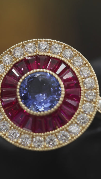 Imperial Sapphire & Ruby Sunburst Halo Ring in Yellow Gold | Diamond-Accented Vintage Medallion Design