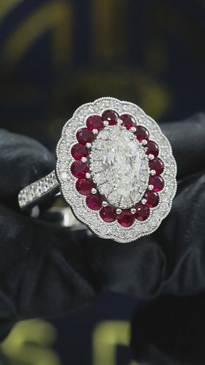 GIA Certified Natural Diamond Oval Halo Engagement Ring with Ruby Accents in White Gold | Vintage-Inspired Design