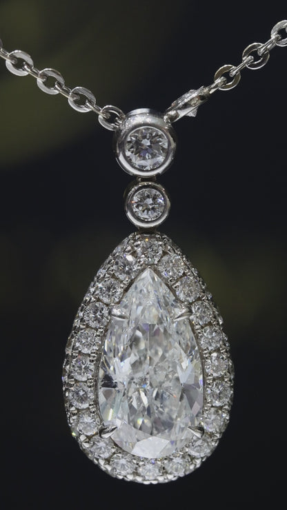 Natural Pear-Cut Diamond Halo Drop Necklace in White Gold | Bezel & Pavé Design