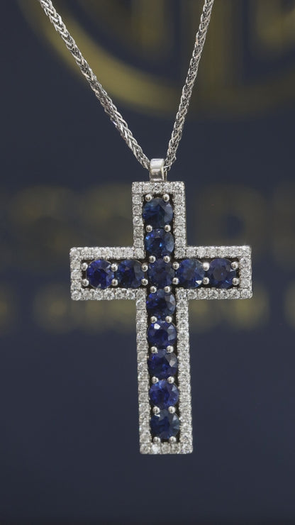 Natural Sapphire & Diamond Halo Cross Necklace in 14K White Gold | Dual Row Frame Design