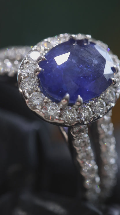 Oval Blue Sapphire Halo Ring with Diamond Split Shank | 3.65 CTW