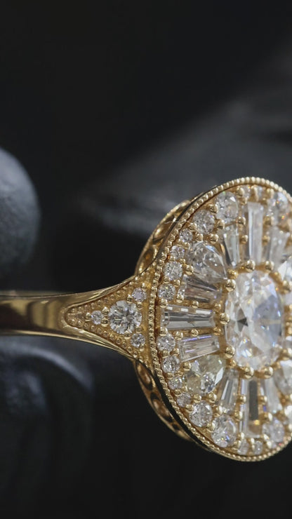 Natural Diamond Oval Halo Mosaic Ring with Mixed-Cut Starburst in Yellow Gold | Vintage-Inspired Statement Design