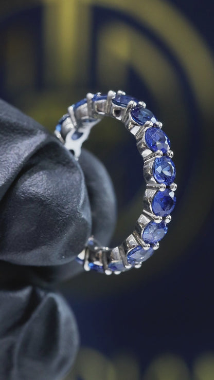 Natural Blue Sapphire Eternity Band Ring in 14K White Gold | Round Prong Set | 3.74 CT