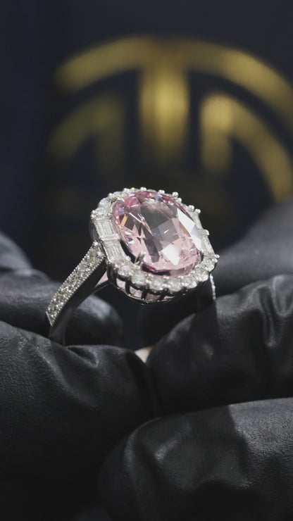 Imperial Oval Morganite Ring in White Gold | Diamond Halo & Baguette Diamond Shoulders