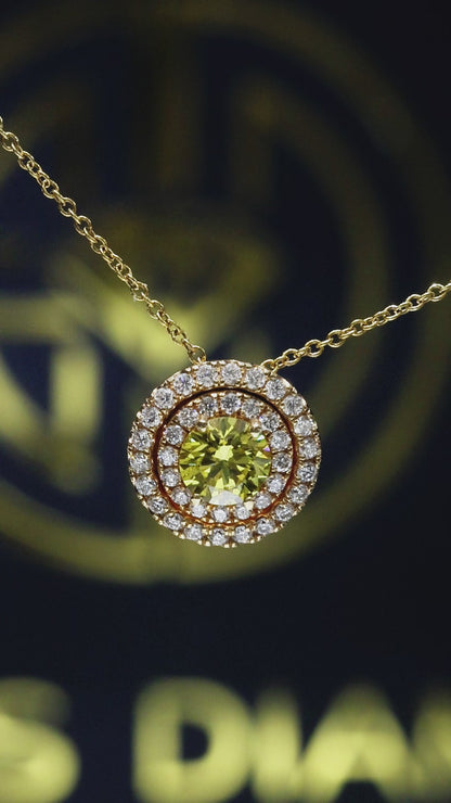Fancy Yellow Diamond Halo Necklace in Yellow Gold | Floral Openwork Design