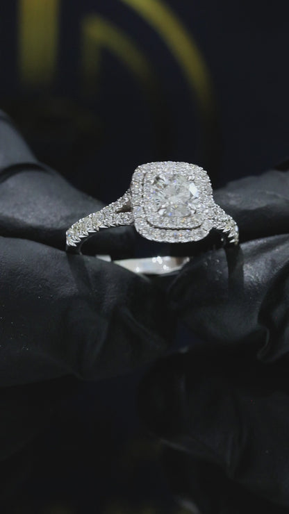 Natural Round Diamond Halo Engagement Ring with Pavé Band in White Gold | Classic Cushion Halo Design