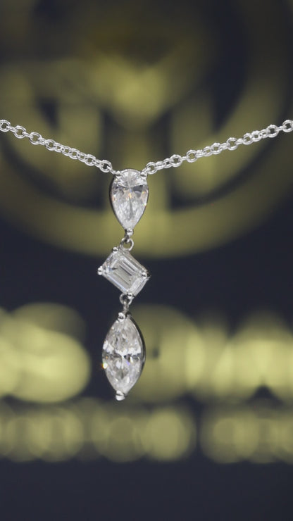 Natural Diamond Mixed-Cut Drop Pendant Necklace in White Gold | Station Chain Design