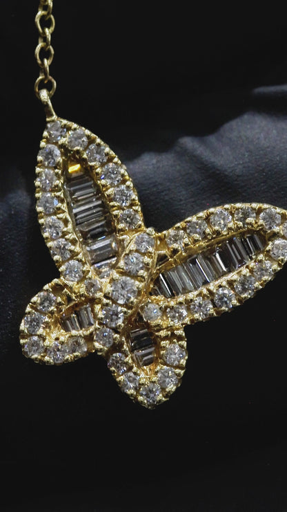 Natural Diamond Butterfly Necklace in Yellow Gold | Baguette & Round Diamond Design