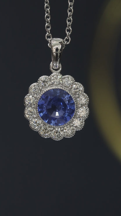 Natural Sapphire & Diamond Halo Pendant Necklace in 14K White Gold | Classic Floral Halo Setting