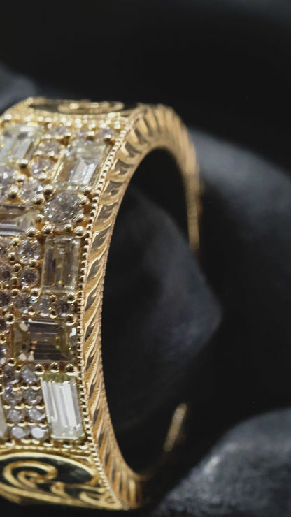 Natural Diamond Wide Band Mosaic Ring in Yellow Gold | Vintage-Inspired Statement Design