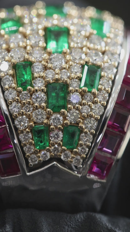 Emerald & Diamond Pavé Band with Ruby Channel Accents in Two-Tone Gold | Luxury Statement Ring