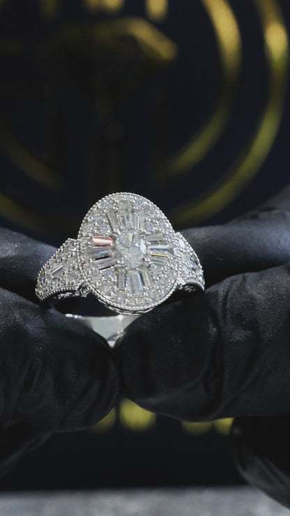 Natural White Diamond Oval Halo Ring with Mixed-Cut Starburst Mosaic in White Gold | Vintage-Inspired Statement Design