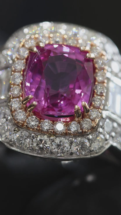 Imperial Cushion Pink Sapphire Ring in White Gold | Double Halo & Emerald-Cut Diamond Shoulders