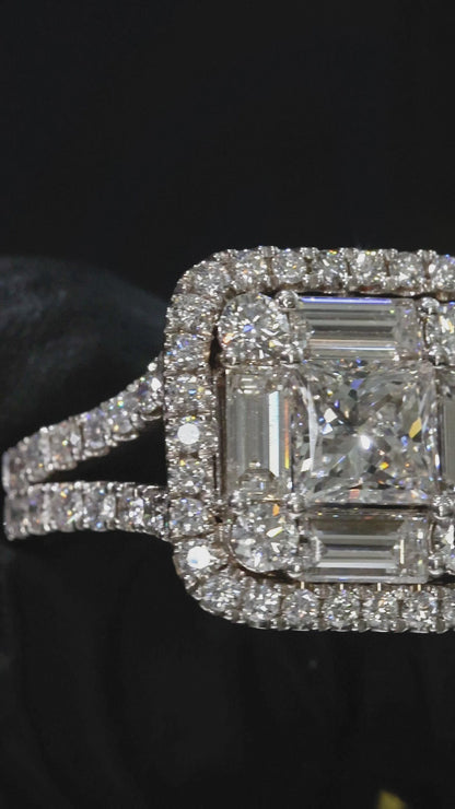 Emerald-Cut Diamond Halo Engagement Ring in White Gold | Double Halo Pavé Statement Design