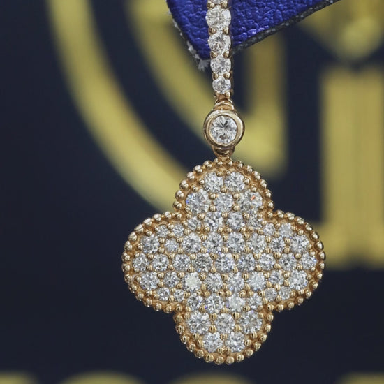14K yellow gold pavé diamond clover drop earrings with vertical diamond bar and round brilliant diamonds
