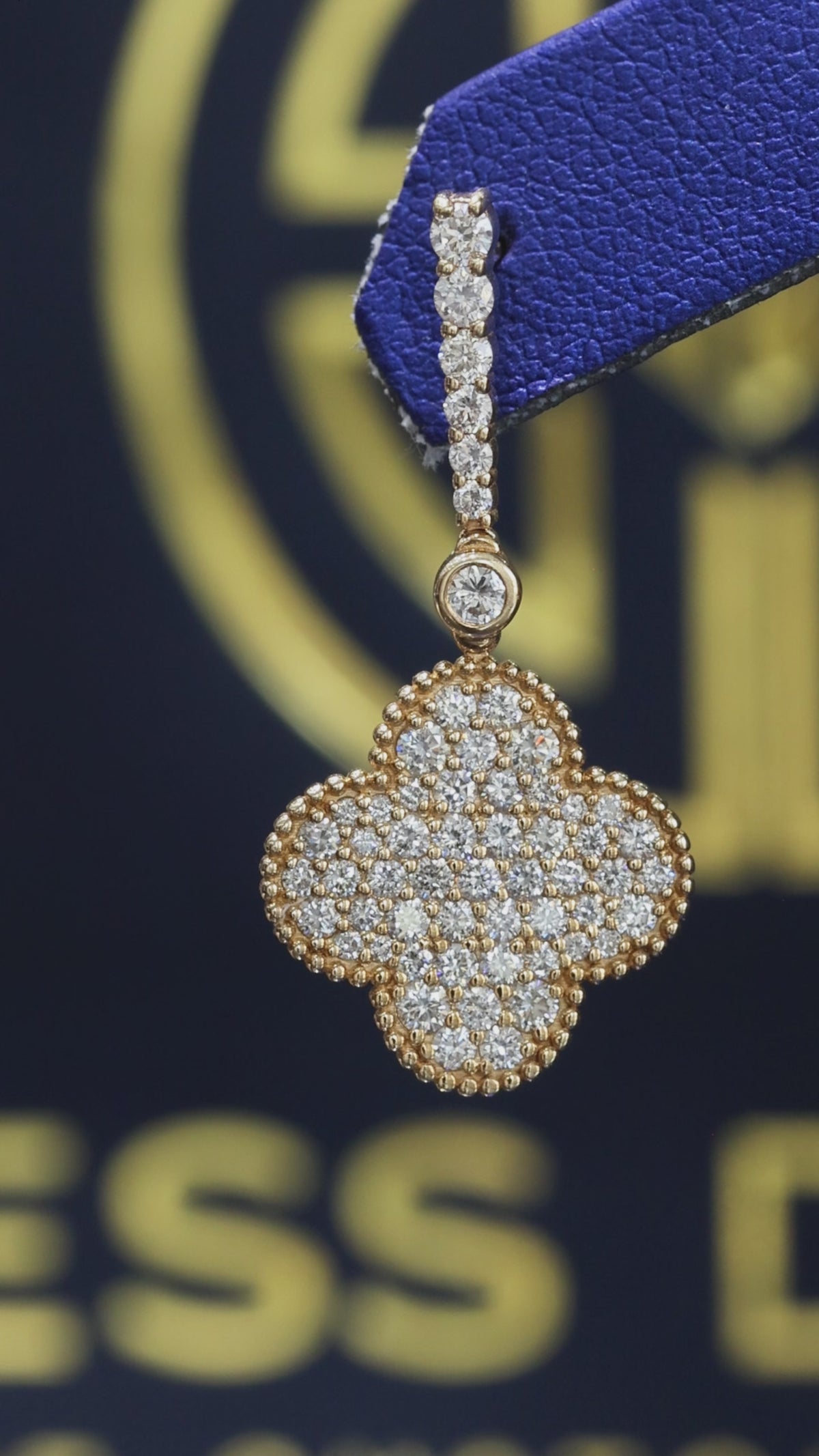 14K yellow gold pavé diamond clover drop earrings with vertical diamond bar and round brilliant diamonds