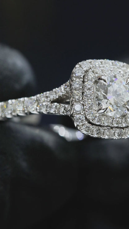 Natural Round Diamond Halo Engagement Ring with Pavé Band in White Gold | Classic Cushion Halo Design