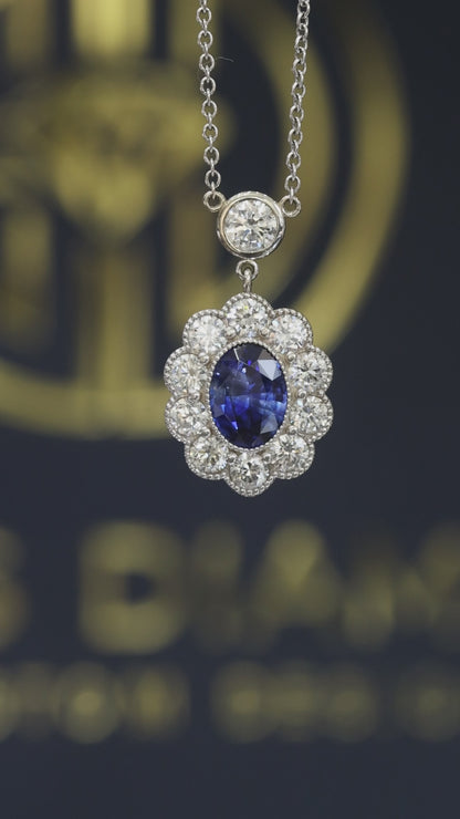 Natural Blue Sapphire & Diamond Halo Pendant Necklace in 14K White Gold | Vintage Floral Design
