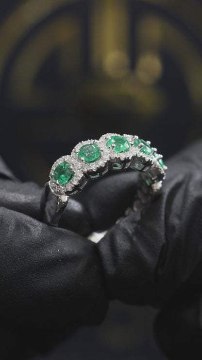 Emerald & Diamond Halo Band in White Gold | Round Emeralds & Brilliant Diamond Accents
