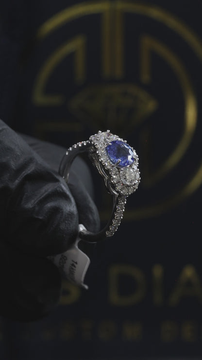 Sapphire & Diamond Halo Ring in White Gold | .92 CT Sapphire + .89 CTW Diamonds