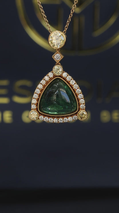 Green Tourmaline Halo Pendant 14K Yellow Gold Vintage Milgrain | 7.7 CT