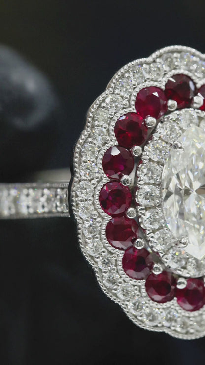 GIA Certified Natural Diamond Oval Halo Engagement Ring with Ruby Accents in White Gold | Vintage-Inspired Design