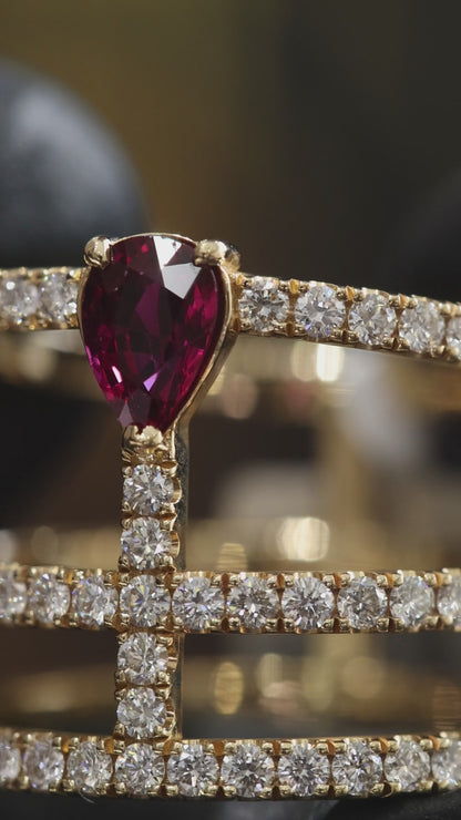 Radiant Ruby Pear Cross-Bar Ring in Yellow Gold | Triple Diamond Band Statement Design