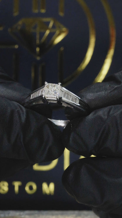 Natural Diamond Princess-Cut Engagement Ring with Baguette Accents in White Gold | Classic Elegance Design