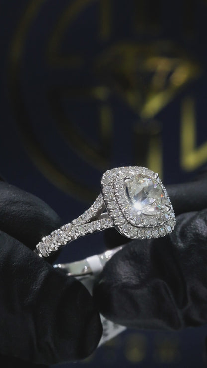 GIA Certified Natural Round Diamond Engagement Ring with Double Halo Pavé Band in 18K White Gold | Classic Luxury Design