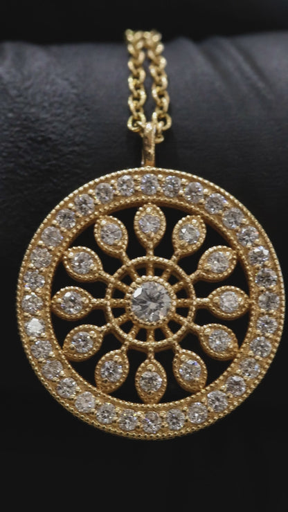 Natural Diamond Openwork Circle Pendant in Yellow Gold | Vintage-Inspired Medallion Design