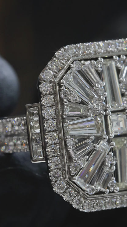 Natural Diamond Cushion Halo Ring with Mixed-Cut Baguette Mosaic in White Gold | Vintage-Inspired Statement Design