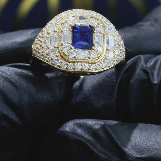 14K yellow gold cushion cut sapphire halo cluster ring with 1.71 carat diamonds Houston TX fine jewelry statement ring
