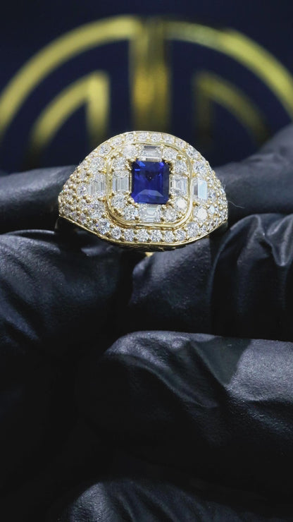 14K yellow gold cushion cut sapphire halo cluster ring with 1.71 carat diamonds Houston TX fine jewelry statement ring