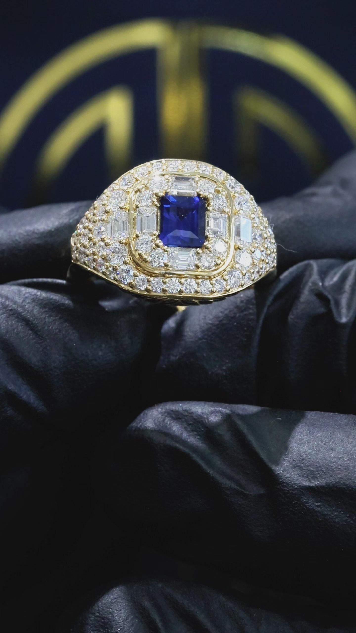 14K yellow gold cushion cut sapphire halo cluster ring with 1.71 carat diamonds Houston TX fine jewelry statement ring
