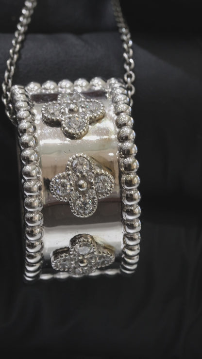 Natural Diamond Clover Cushion Pendant Necklace in 14K White Gold | Beaded Frame Design