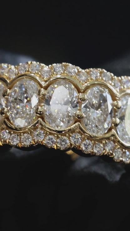 Oval Lab-Grown Diamond Wedding Band with Double Halo Design in Yellow Gold | Prong-Set Eternity Style
