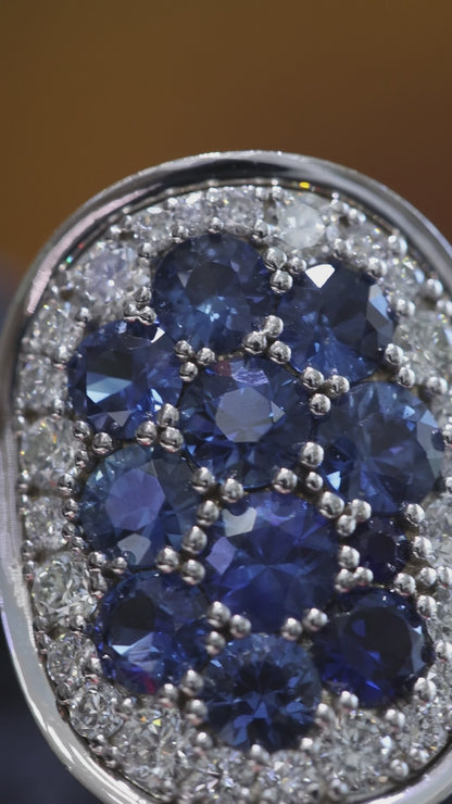 Sapphire & Diamond Halo Cluster Ring in 14K White Gold | 2.54 CT TW