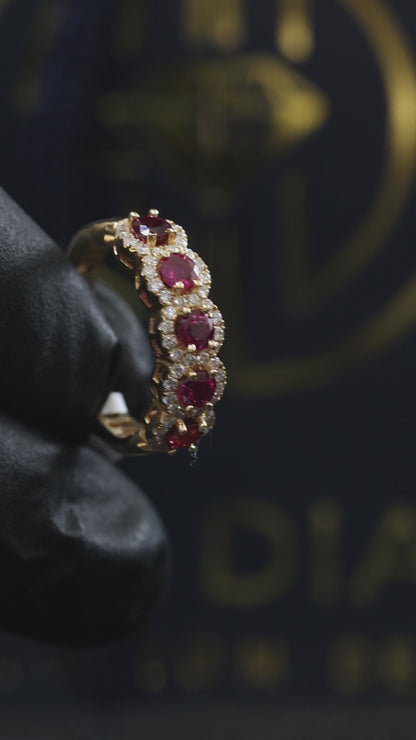Classic Ruby Diamond Halo Band in Yellow Gold | Oval Ruby Cluster Ring with Diamond Accents