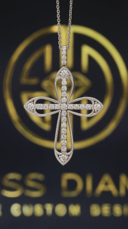 Natural Diamond Rope-Edge Cross Necklace in White Gold | Open Cross Design