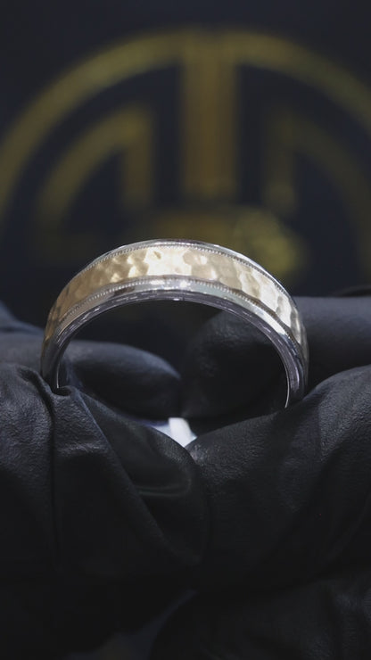 Men’s Hammered Two-Tone Wedding Band in White & Yellow Gold
