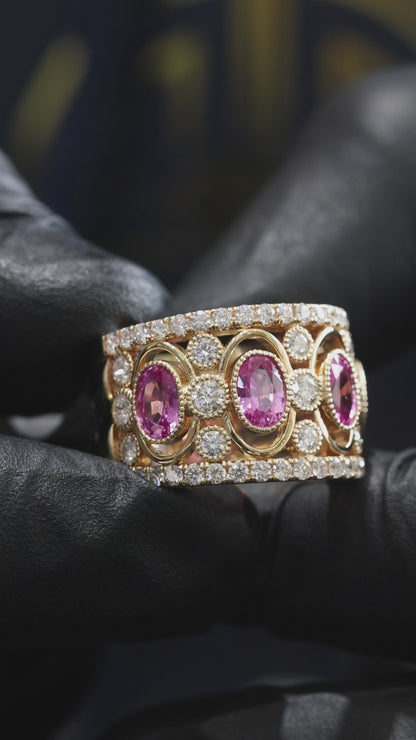 Imperial Pink Sapphire Mosaic Band in Yellow Gold | Multi-Oval Gemstone Diamond Ring