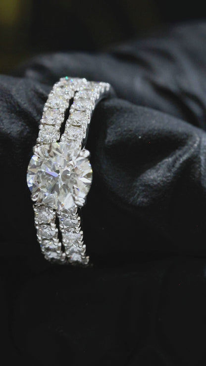 GIA Certified Natural Diamond Round Engagement Ring with Double Pavé Band in White Gold | Bridal Set Design