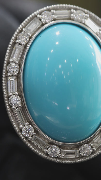 Grand Oval Turquoise Halo Ring in White Gold | Baguette Diamond Accents & Sculpted Diamond Shank