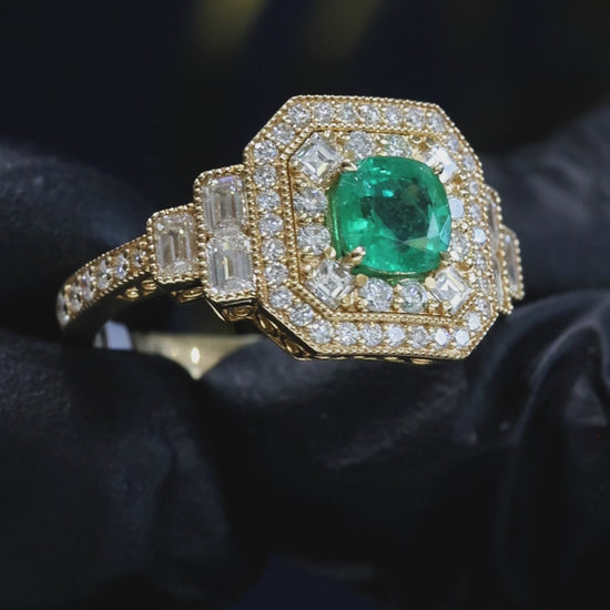 Natural Emerald Halo Three-Stone Ring 14K Yellow Gold | 0.90 CT houston jeweler 