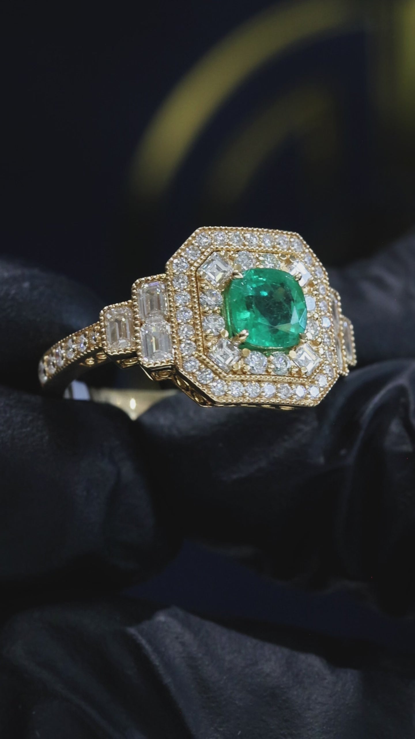 Natural Emerald Halo Three-Stone Ring 14K Yellow Gold | 0.90 CT houston jeweler 